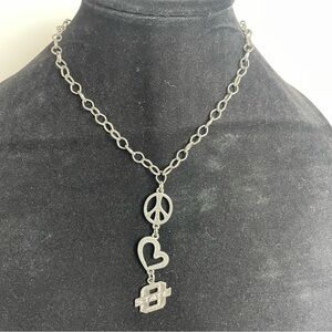 Peace, Love and O-State Pewter Tone Lariat Necklace